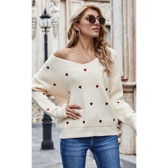 ECOWISH Women Valentine Heart Sweater V Neck Embroidery Knit Loose Casual Small - Picture 2 of 11